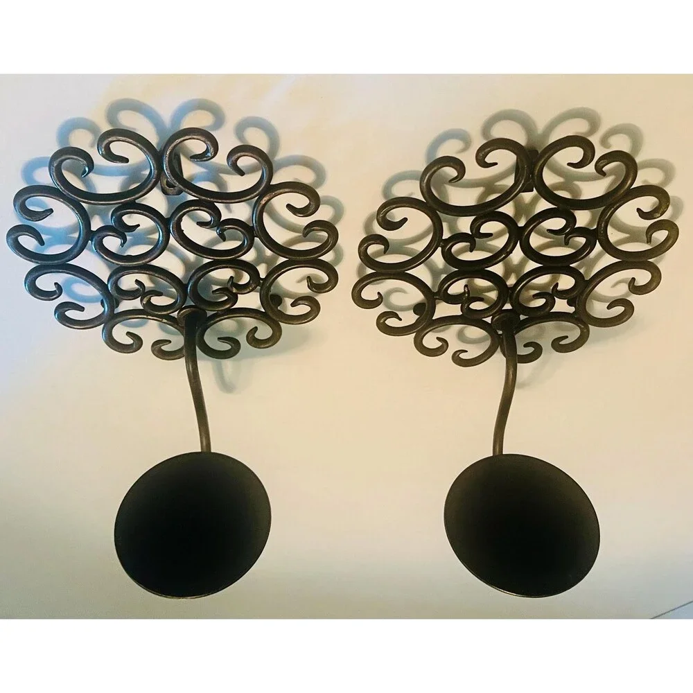 2 Vintage Tree of  Life black wrought iron wall candle sconces scrollwork
